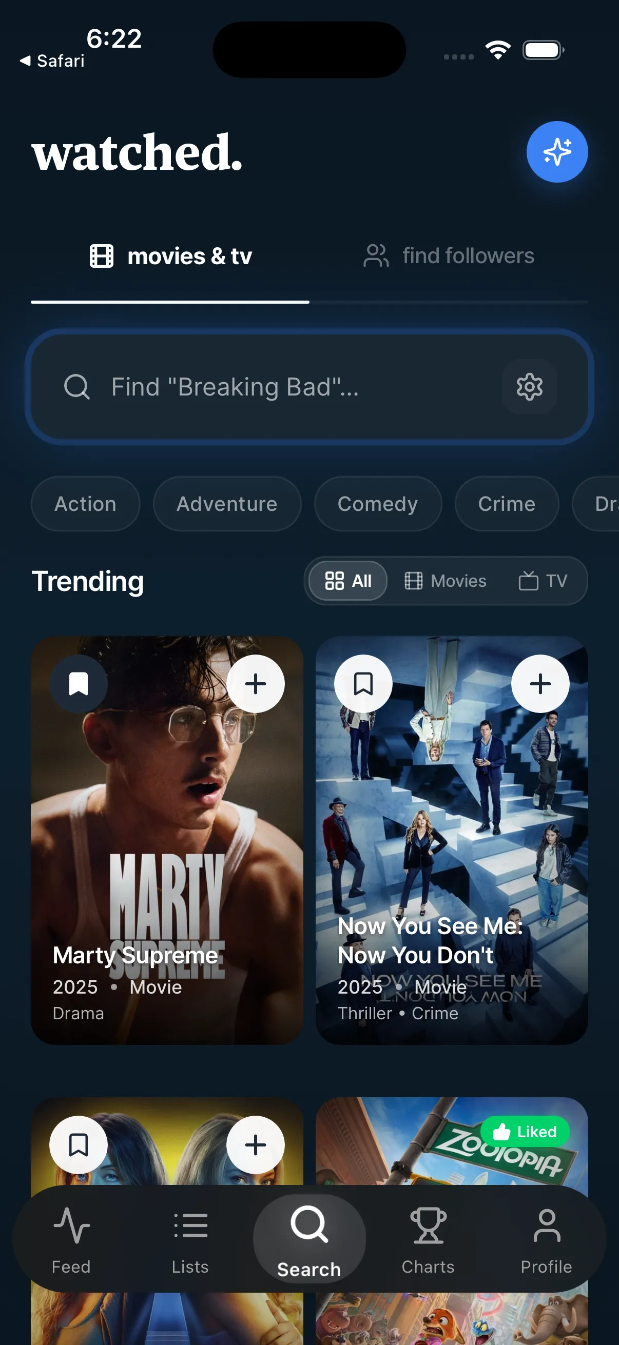watched. search with trending films and shows.